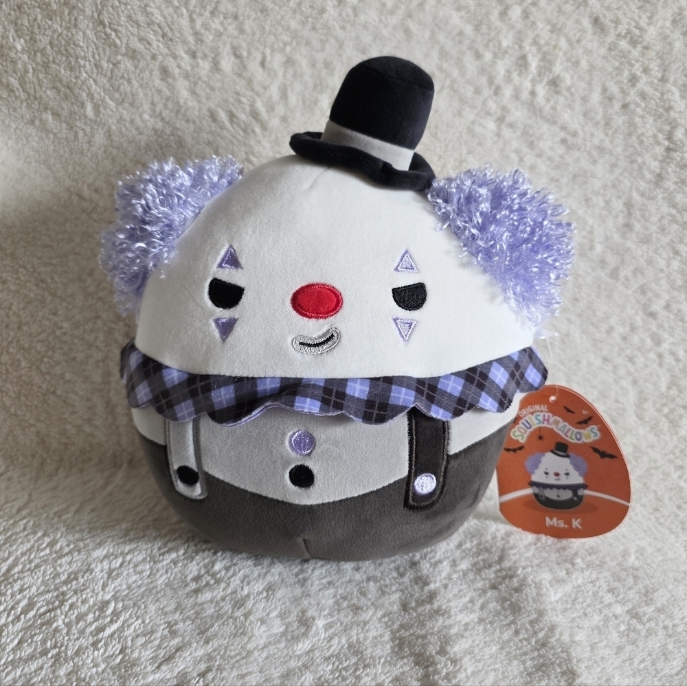Squishmallows Official 8 inch Ms. K the White Clown with Violet Hair plush toy